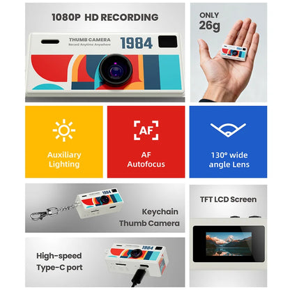 Thumb Camera features: fill light, autofocus, wide angle lens, screen, Type-C port